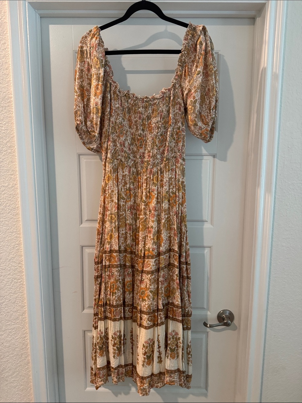 Spell Cream & Brown Floral Puff-Sleeve Maxi Dress